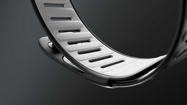 Close-up of the silicone strap, its adjustment holes and keeper